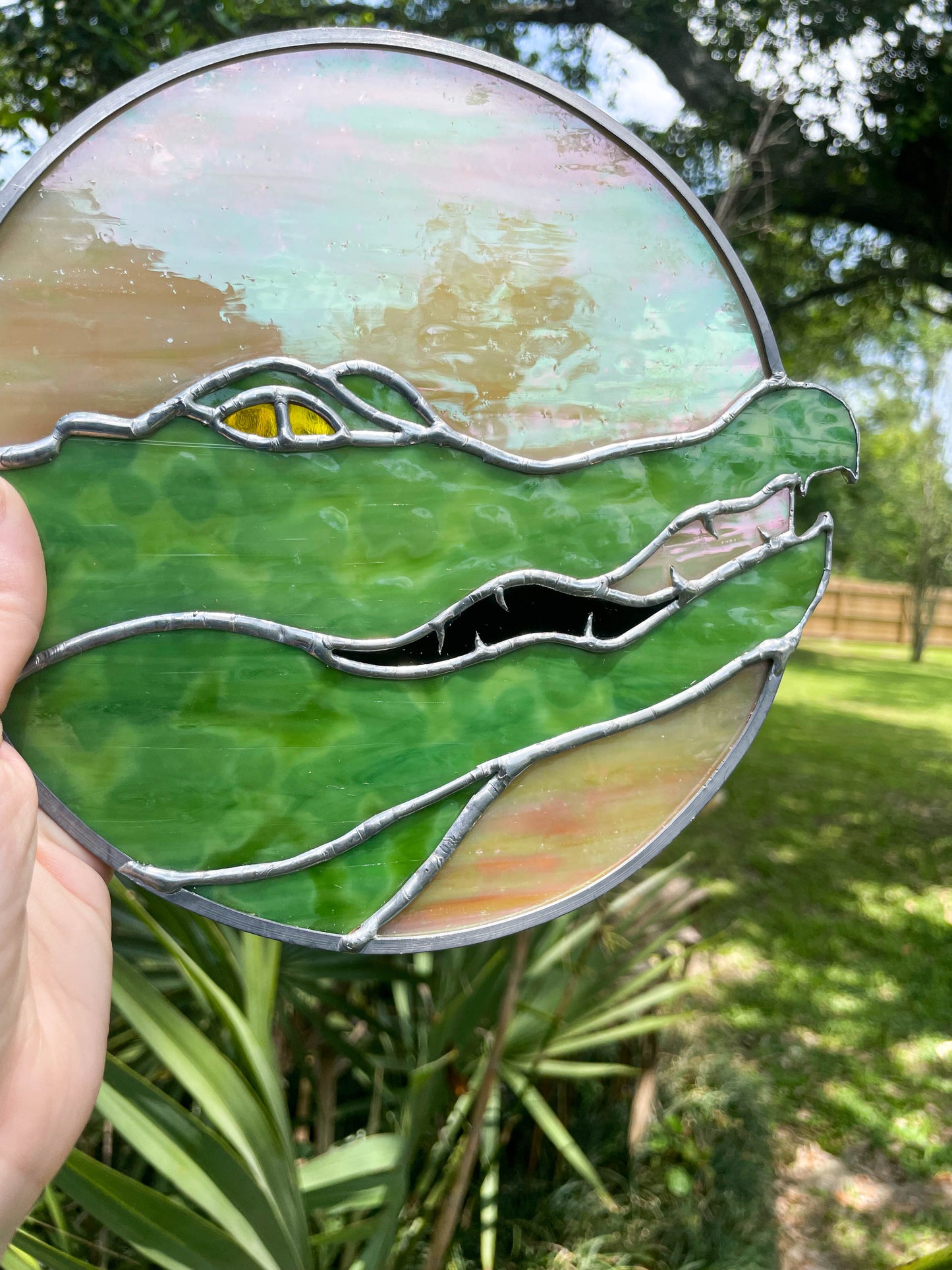 Alligator Stained Glass Suncatcher Mottled Green/Iridescent Beige