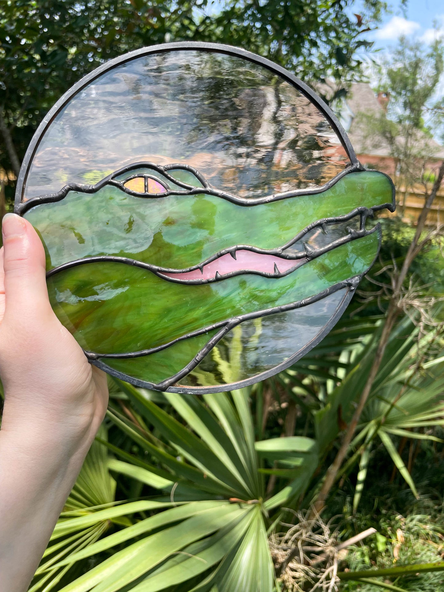 Alligator Stained Glass Suncatcher Lime/Pink