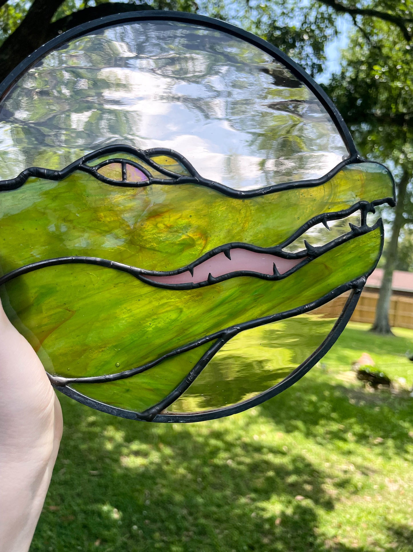 Alligator Stained Glass Suncatcher Lime/Pink