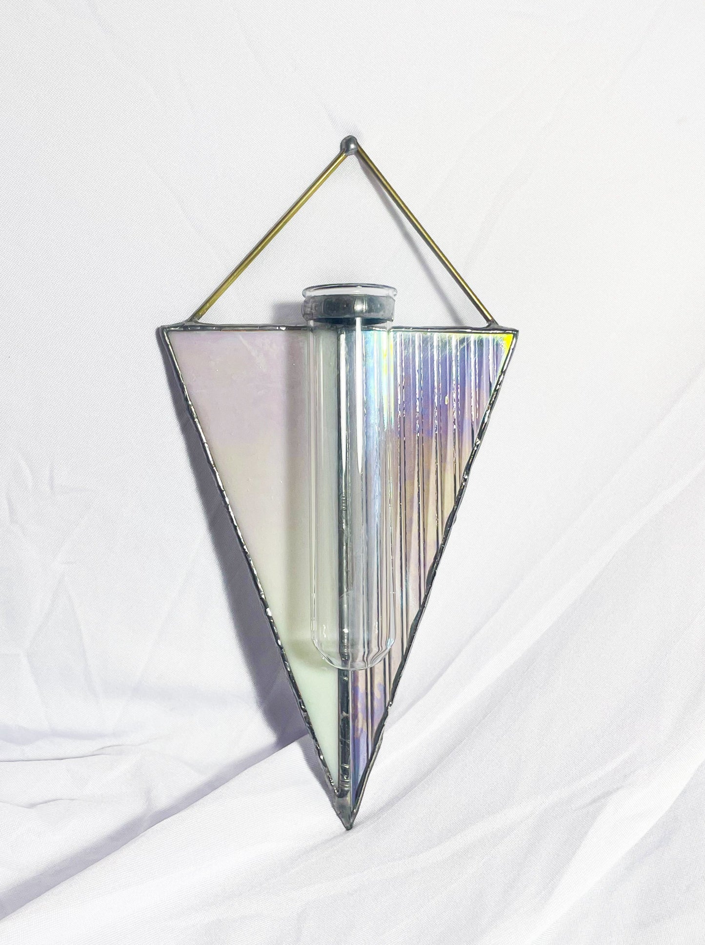 Triangular Hanging Plant Propagation Vase White & Clear Iridescent Glass