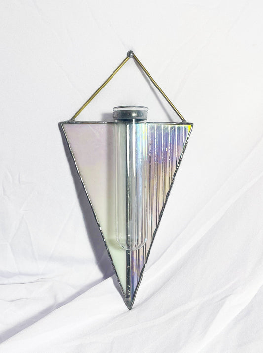 Triangular Hanging Plant Propagation Vase White & Clear Iridescent Glass