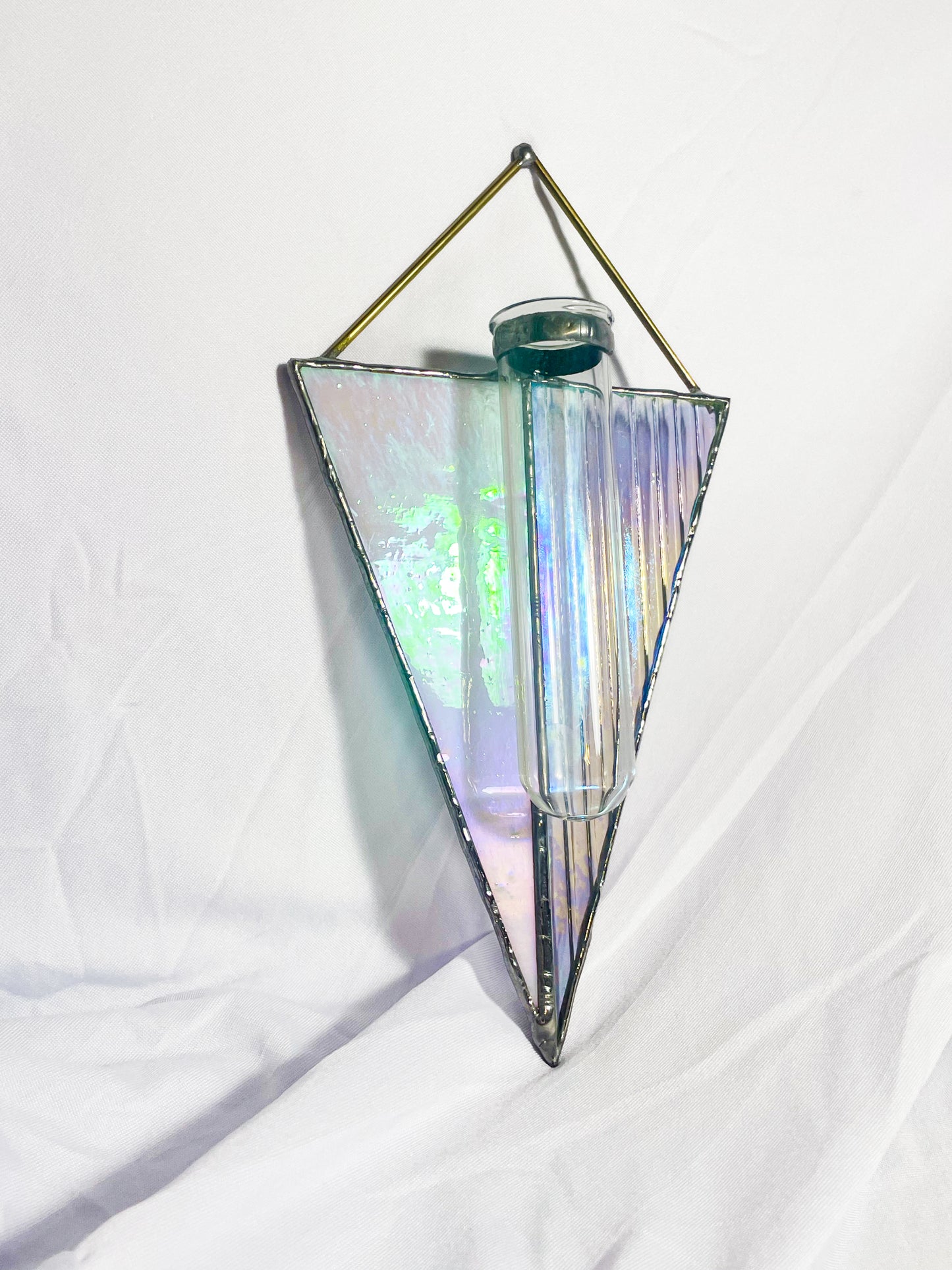 Triangular Hanging Plant Propagation Vase White & Clear Iridescent Glass