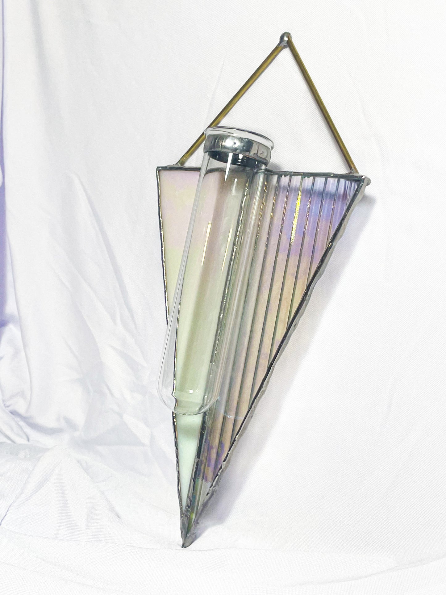 Triangular Hanging Plant Propagation Vase White & Clear Iridescent Glass