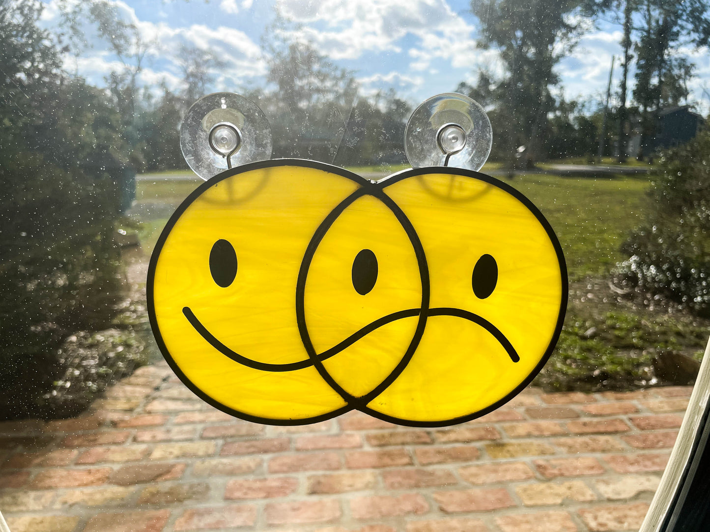 Smiley-Frowny Face Stained Glass Suncatcher (Wispy)